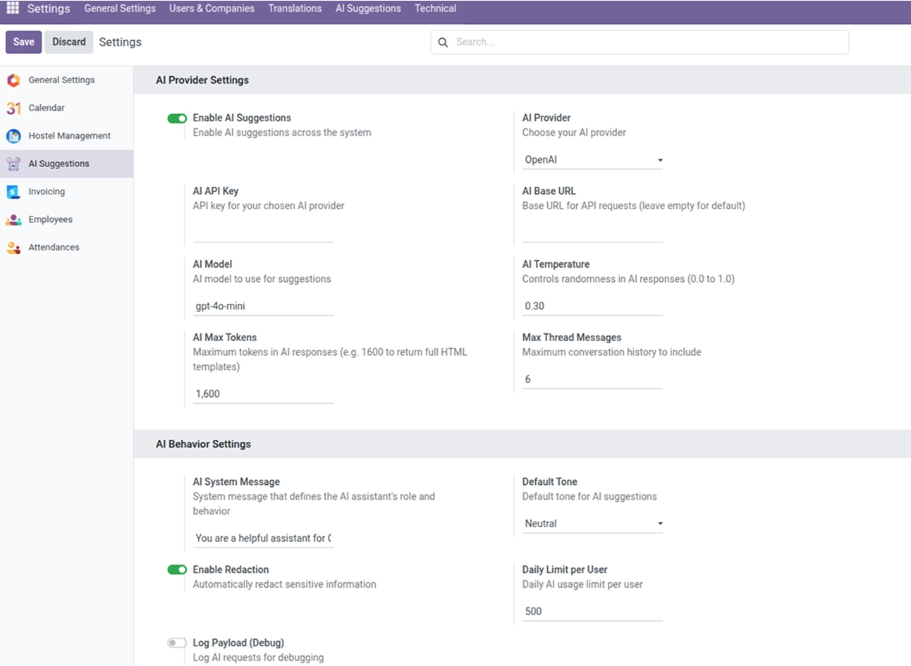 Admin & Advanced Settings Odoo AI Email & Chatter Assistant