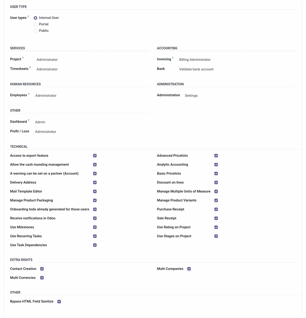 Admin & Advanced Settings Odoo profit loss module