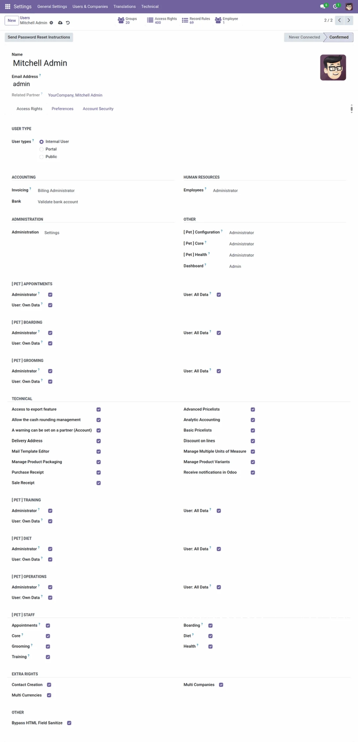 Admin & Advanced Settings pet managent