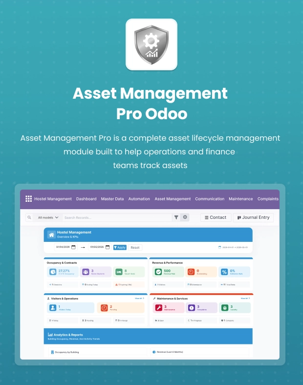 Asset Management Pro for Odoo – Lifecycle, Depreciation & QR Tracking | WebbyCrown,Asset Management Pro Odoo — Asset Lifecycle, Depreciation, Maintenance, QR & Reporting