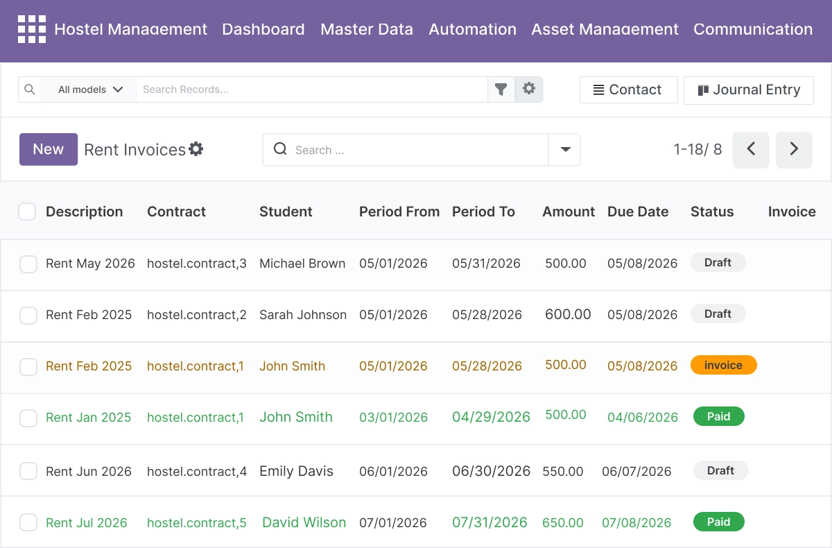 Rent Invoices and Hostel Fee Management