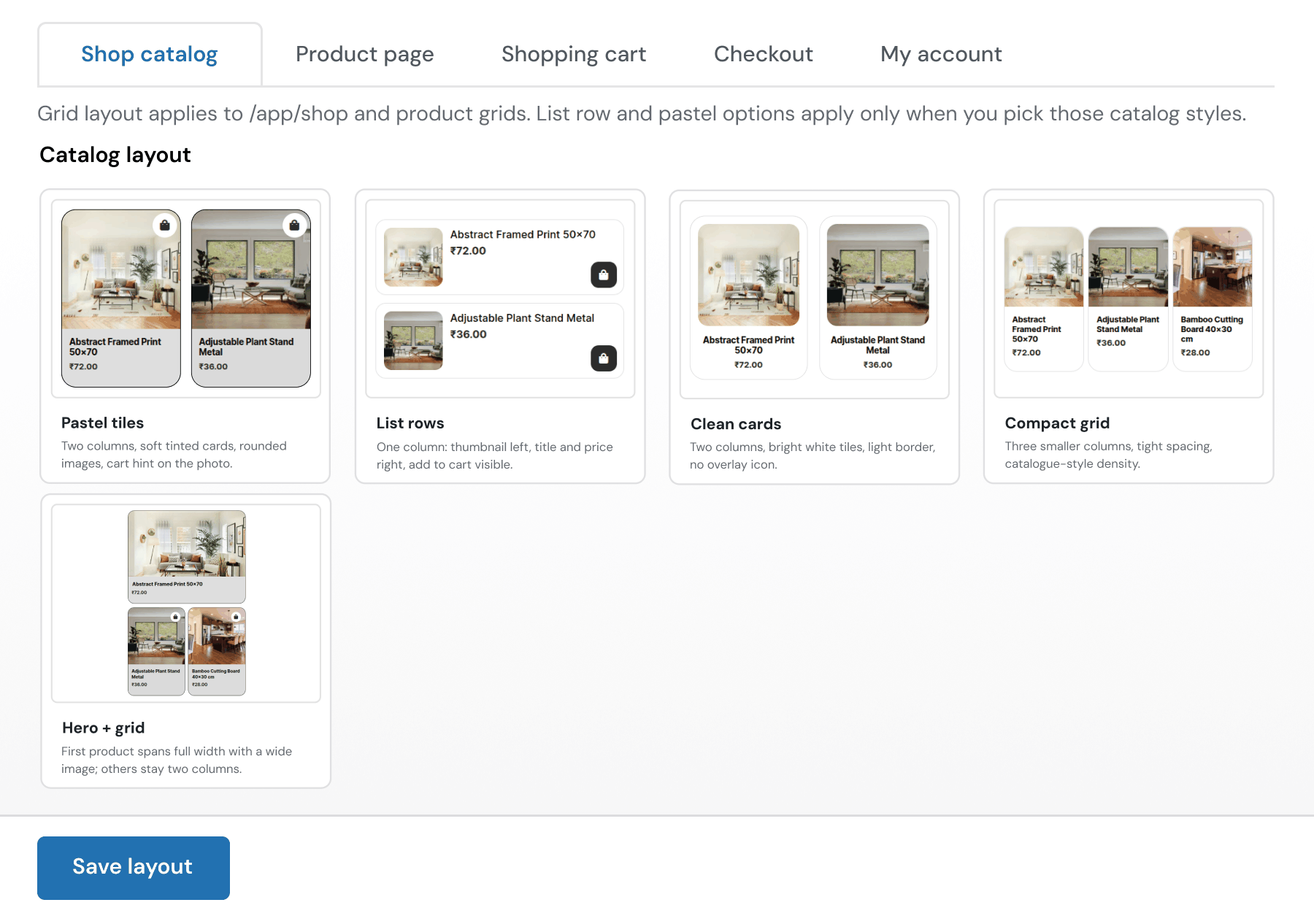 Catalog, Product Page, Cart, Checkout & Account