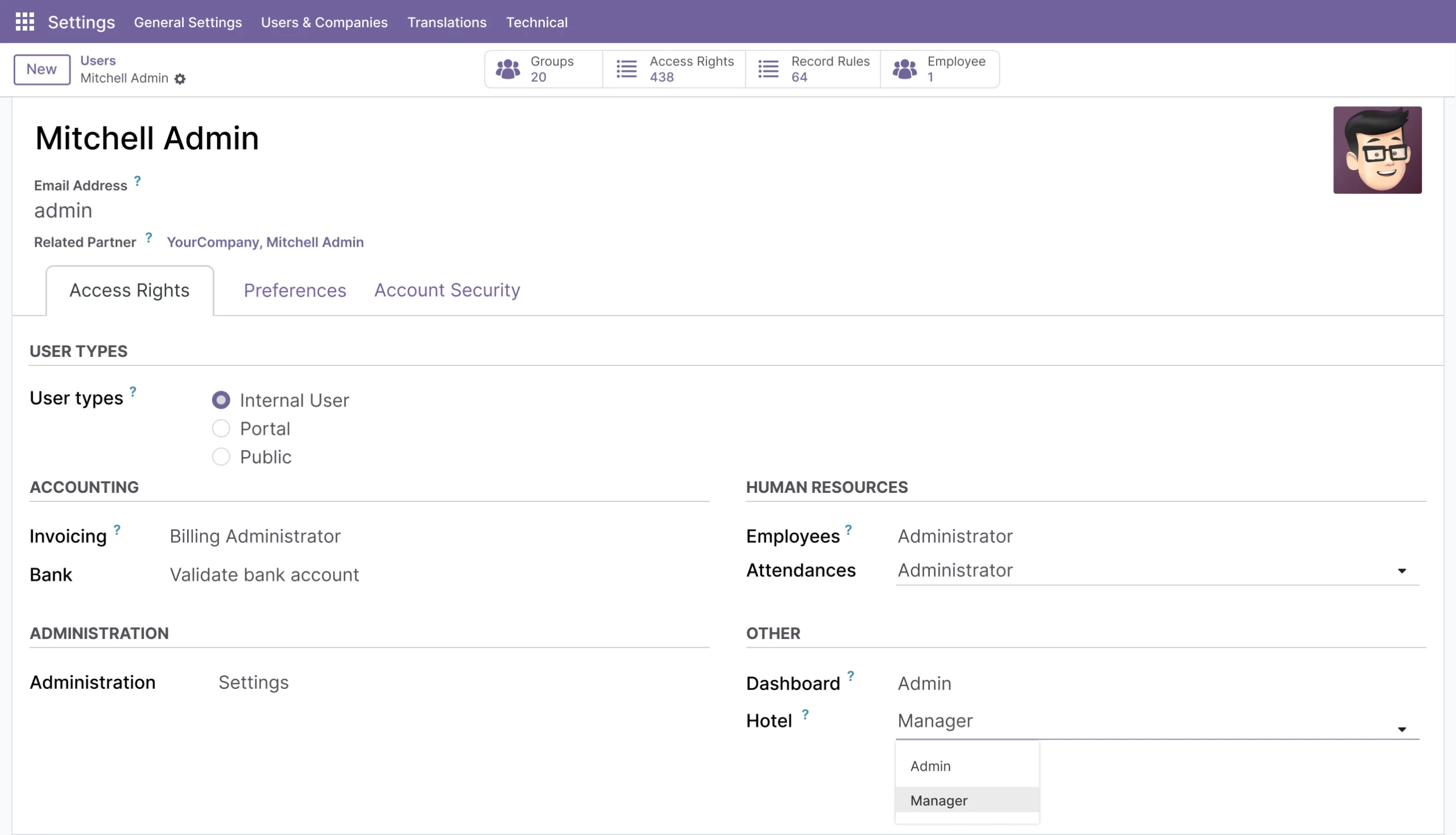 Odoo user access settings showing Hotel Admin and Hotel Manager roles
