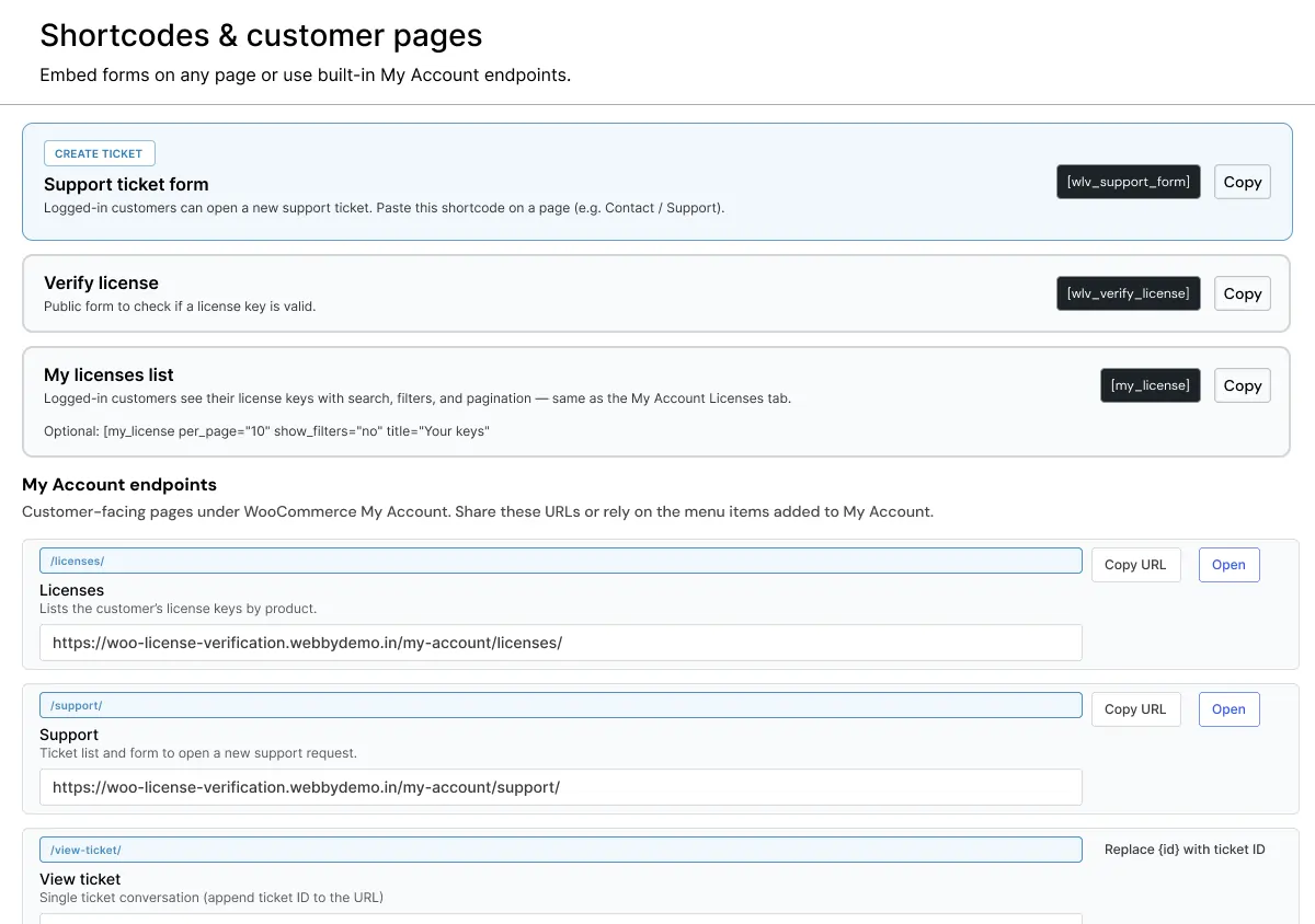 Shortcodes & Customer Pages